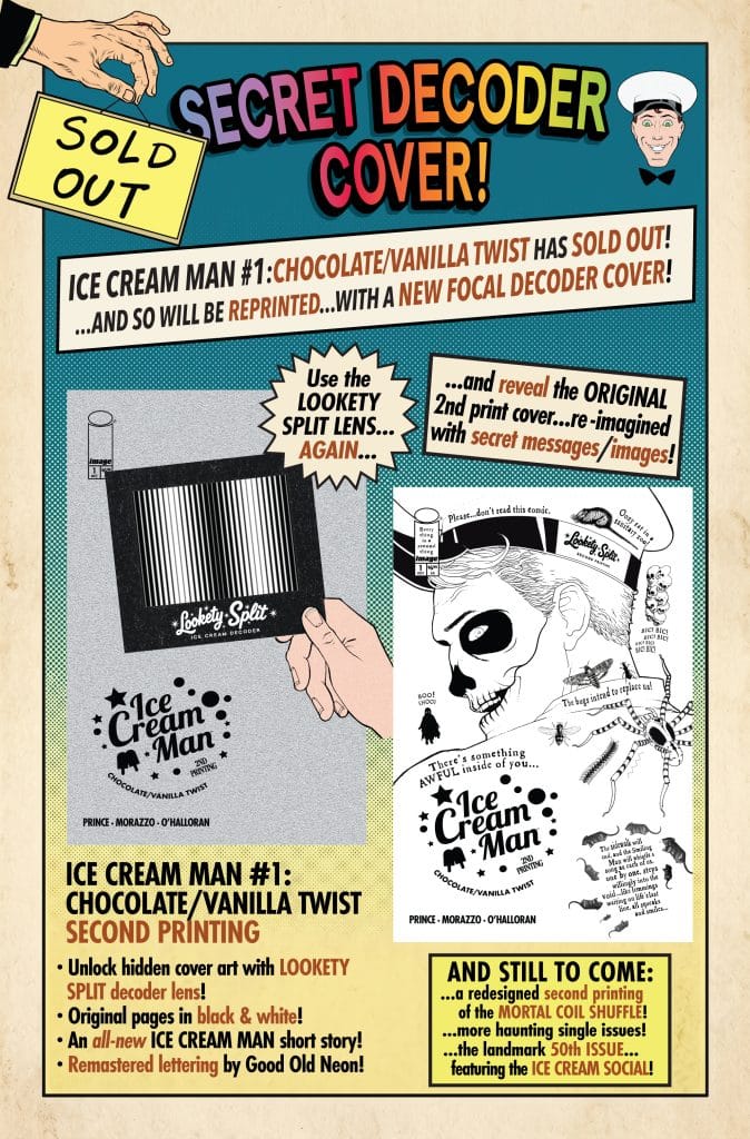 Promotional image for the sold-out comic 'Ice Cream Man #1: Chocolate/Vanilla Twist' featuring a new focal decoder cover and details about reprints and special features.