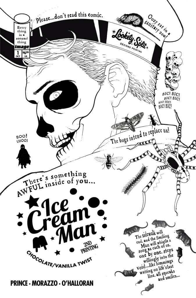 Black and white comic book cover featuring a skull-faced ice cream vendor, with creepy insects and rodents around. The title 'Ice Cream Man' and phrases warning readers not to read the comic are prominent.
