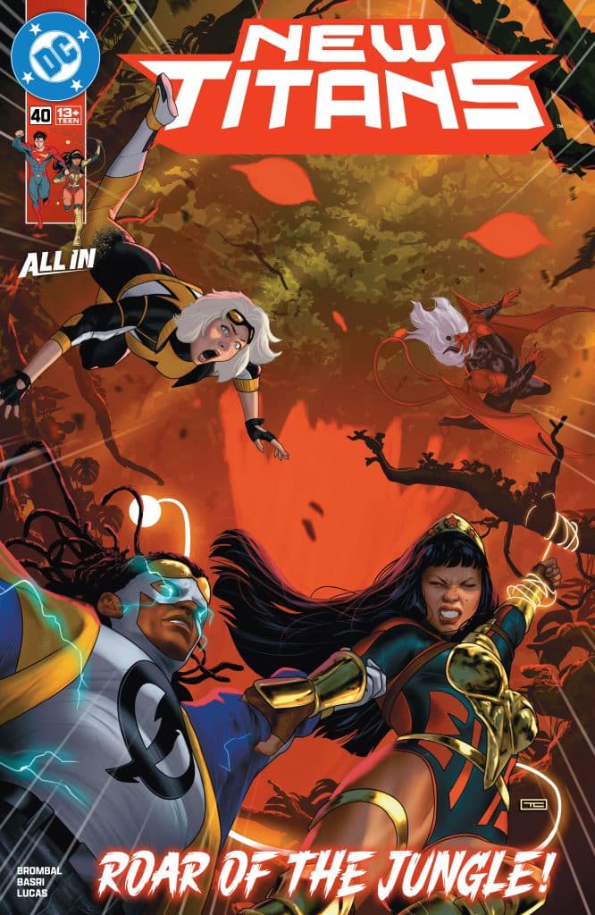 Cover of New Titans #40 featuring dynamic superhero action in a jungle setting, with main characters in colorful costumes facing off against a mysterious threat.