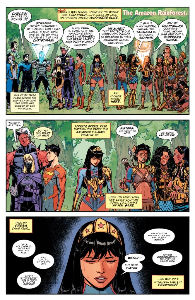 A comic book panel depicting various superheroes, including Wonder Woman, standing together in a lush Amazon rainforest setting. The characters engage in conversation about a looming threat, with expressions of concern and determination. The scene reflects themes of nature, protection, and unity among diverse heroes.
