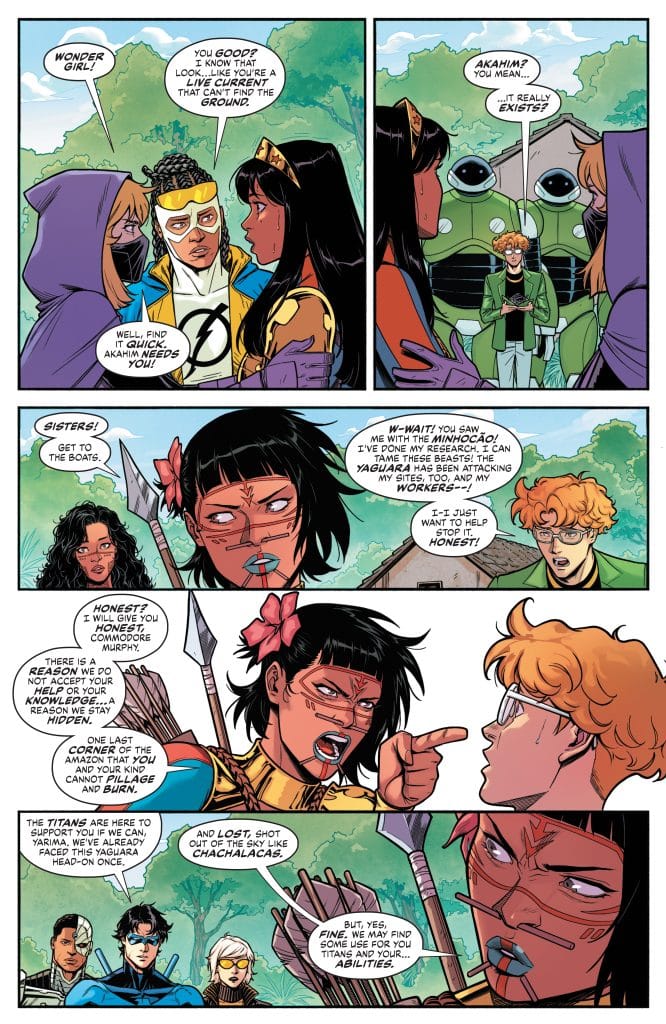 A comic book page featuring characters engaged in a conversation. The scene includes Wonder Girl, a character wearing a yellow outfit, and others displaying various expressions and attire. The dialogue focuses on a mysterious creature and an urgent scenario involving boats and a figure named Akahim.