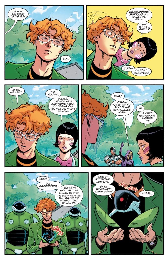 A panel from a comic book featuring a character with curly orange hair and glasses, talking to a woman with short black hair and a pink outfit in a forest background. The character expresses confusion about their origins while the woman encourages them. Other characters are seen in the background.