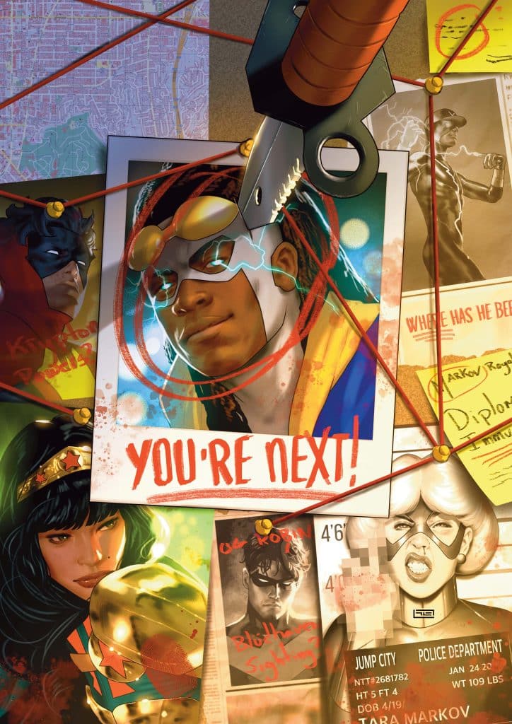 A collage of newspaper clippings and photos pinned on a board, featuring a portrait of a young superhero with goggles, surrounded by images of other heroes and notes with red markings saying 'YOU'RE NEXT!'