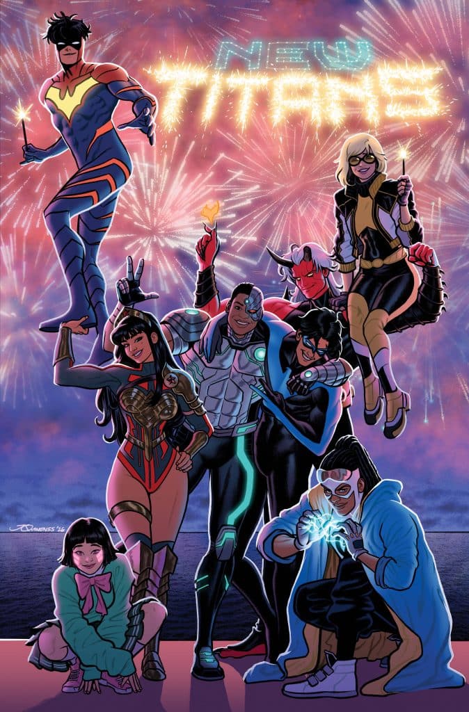An illustration of a diverse group of superhero characters from the New Titans series, standing together against a backdrop of colorful fireworks. The characters display various powers and styles, capturing a festive atmosphere.