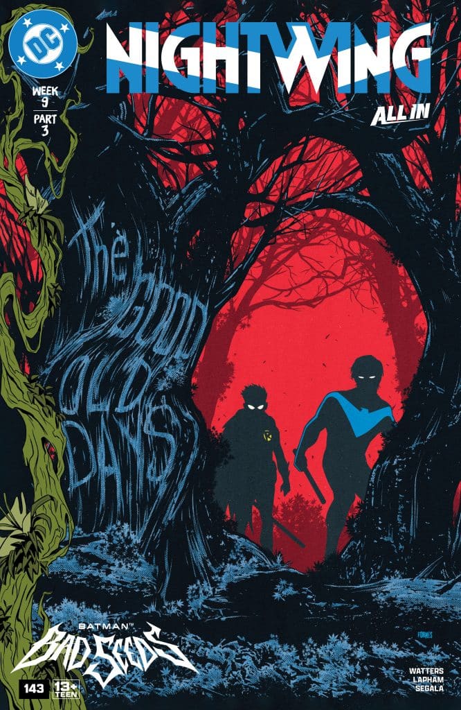 Comic book cover featuring two shadowy figures in front of a dark forest, with a red background and the title 'Nightwing' at the top.