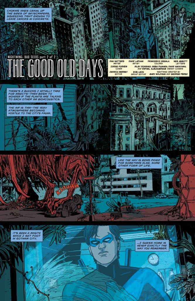 A comic-style illustration depicting a post-apocalyptic city overrun with vegetation and plant life. The scene includes skyscrapers with vines crawling up their sides and a character in a blue suit observing the environment. The title 'Nightwing: Bad Seeds' is prominently displayed at the top, along with text boxes featuring dialogue and descriptions.