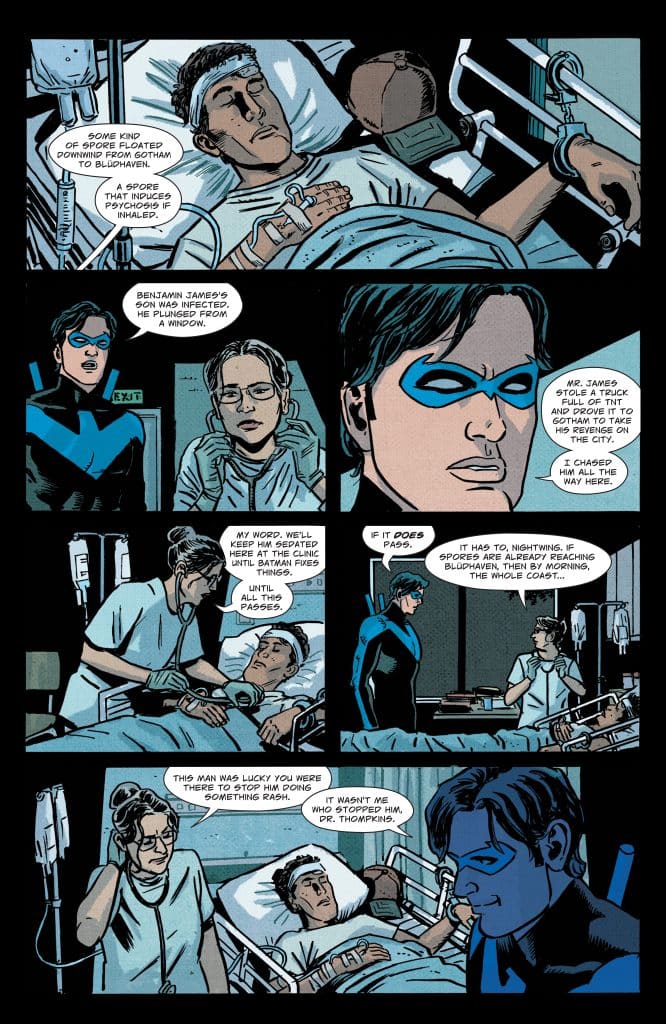 A comic book panel depicting a hospital scene with a patient in a bed, connected to medical equipment. Nightwing, a superhero, is conversing with a doctor, while another figure, possibly a physician, examines the patient. Dialog boxes reveal plot elements about infection and patient care.