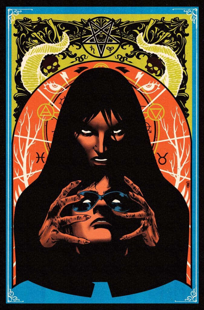 A dark, stylized illustration featuring a mysterious figure in a hood reaching towards another figure's head, with occult symbols and a vibrant color scheme in the background.