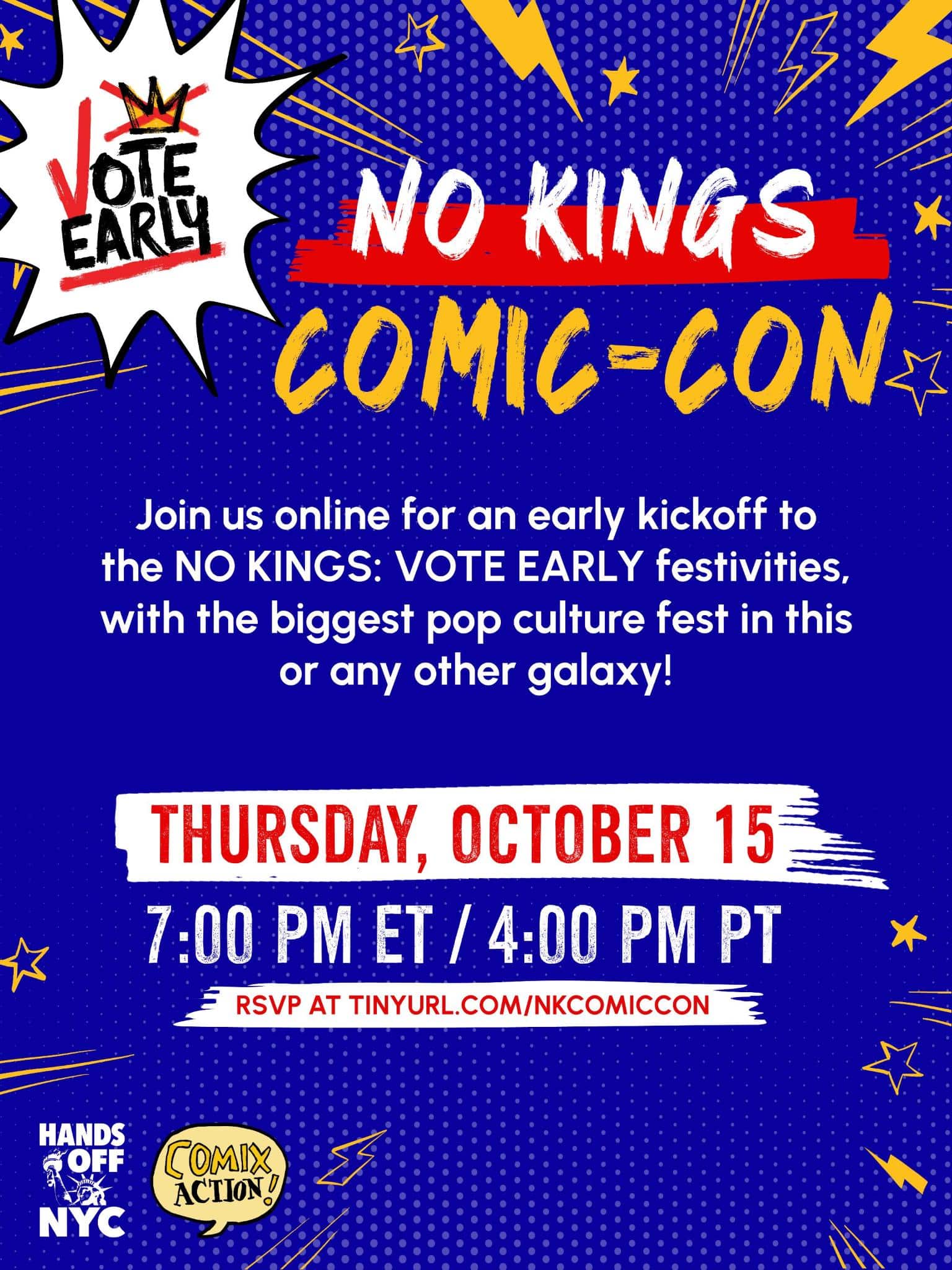 Event announcement for No Kings Comic-Con, emphasizing a virtual kickoff for the No Kings: Vote Early festivities on October 15, with details on timing and RSVP.