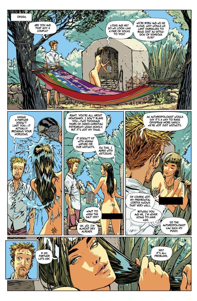 A comic strip depicting a conversation among three characters in a tropical setting, featuring themes of relationships and societal norms. One character is in a hammock, while another stands nearby with water dripping from her hair, and a third character observes. The visuals focus on the characters' expressions and dialogue.