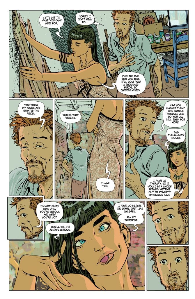 A comic panel featuring two characters engaged in a conversation about art and pricing, with one character displaying a playful demeanor and the other appearing contemplative.