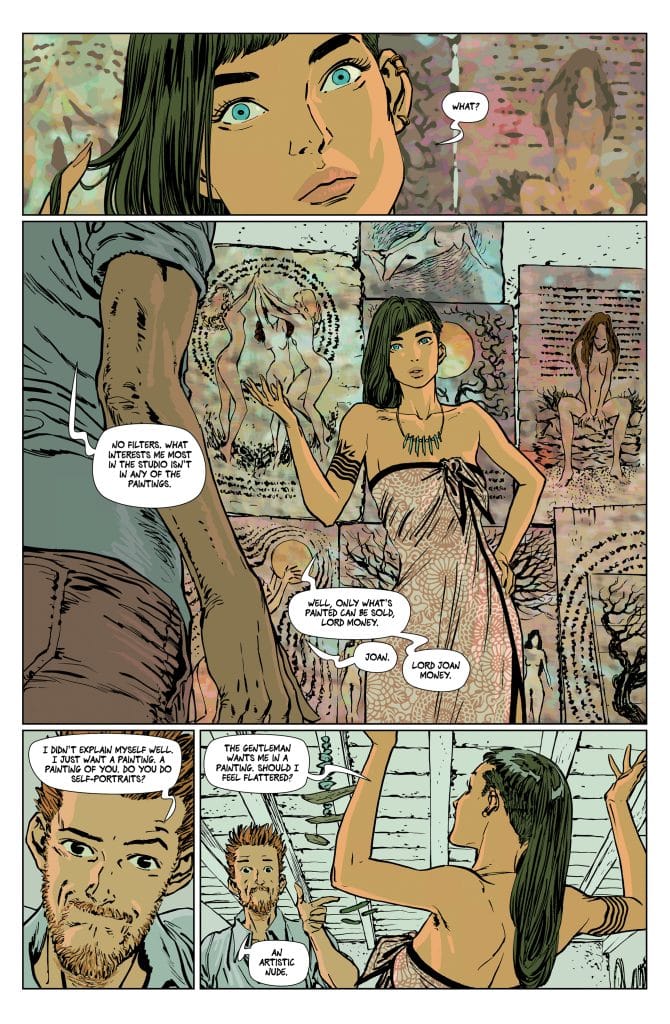 A panel from a comic featuring two characters in a studio surrounded by various paintings. One character, a woman with dark hair and striking blue eyes, appears surprised while speaking. The other character, a man with a beard, looks amused. Dialogue discusses art and self-portraits.