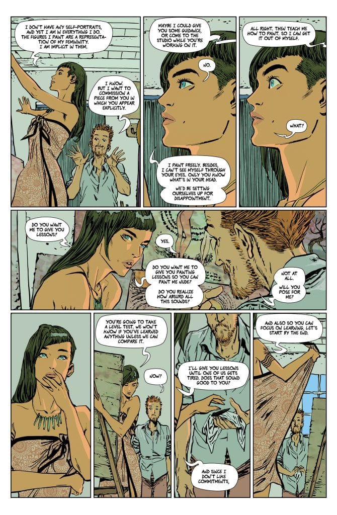 A comic-style illustration featuring a conversation between two characters. One character, a woman with long dark hair, is expressing interest in commissioning a self-portrait from the other, a man with short hair. They discuss painting lessons and the concept of nudity, with playful banter and reflections on art and representation.