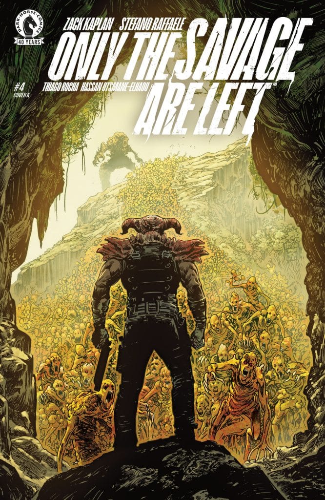 A dark comic book cover featuring a figure with horns and a menacing stance, holding a weapon, surrounded by a horde of monstrous, undead creatures. The title 'ONLY THE SAVAGE ARE LEFT' is prominently displayed at the top.