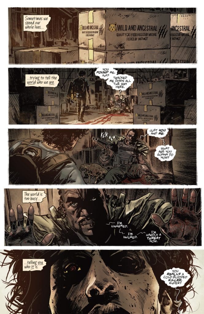 A comic book page depicting a tense confrontation in a dimly lit warehouse. The panels show a dialogue exchange between two characters amidst crates of cat food, with visible tension and danger as one character appears injured and the other is armed.