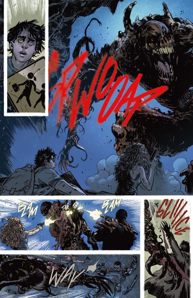 A comic book scene depicting a young boy with a shocked expression, a monstrous creature in the background, and characters engaging in a chaotic fight with guns and dramatic sound effects.