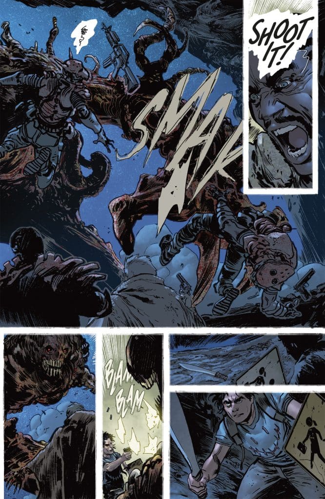 A chaotic comic book scene depicting characters in a night-time setting facing a monstrous creature. One character is yelling "Shoot it!" while another fires a weapon. Action sounds like "SMACK" and "BAM BAM" are illustrated, emphasizing the urgency and danger of the situation.