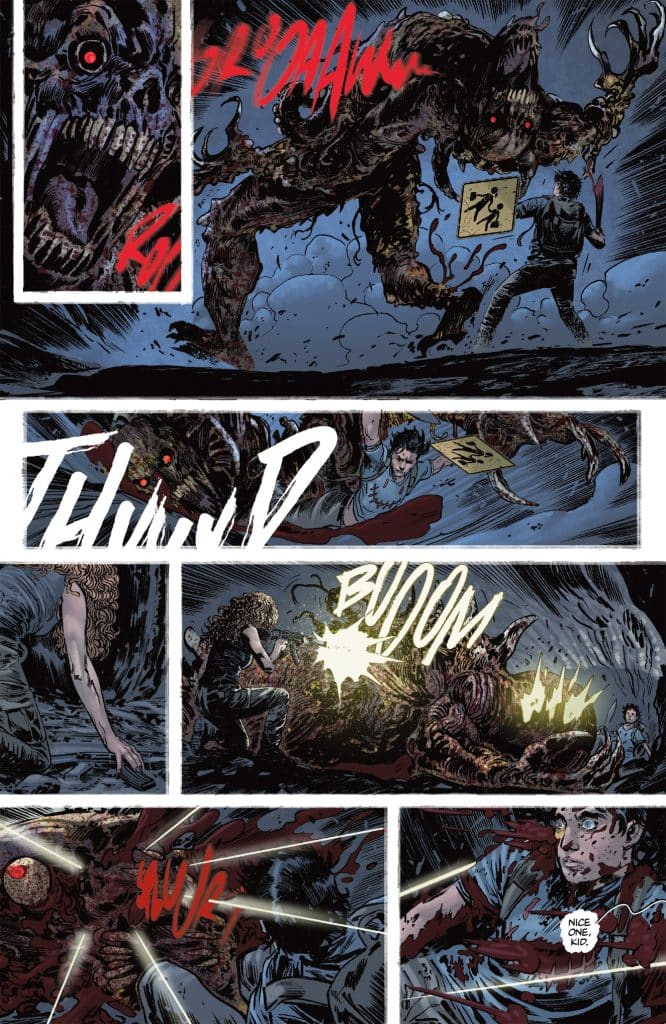 A dark and intense comic book panel featuring a monstrous creature attacking a male character, who is defending himself. The scene is filled with dynamic movement and striking sound effects like 'SLAM' and 'BUDOM.' A female character is also depicted, taking action against the creature.