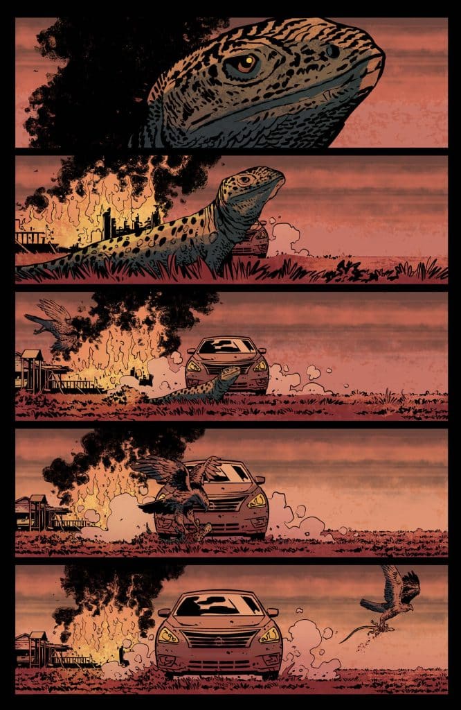 A comic panel featuring a large lizard, with a backdrop of a burning cityscape. The lizard is depicted in a close-up view followed by a mid-shot of it moving towards a car. Subsequent panels show a dinosaur-like creature attacking the car while flames and smoke engulf the scene, finishing with a distant view of a person in front of the vehicle.