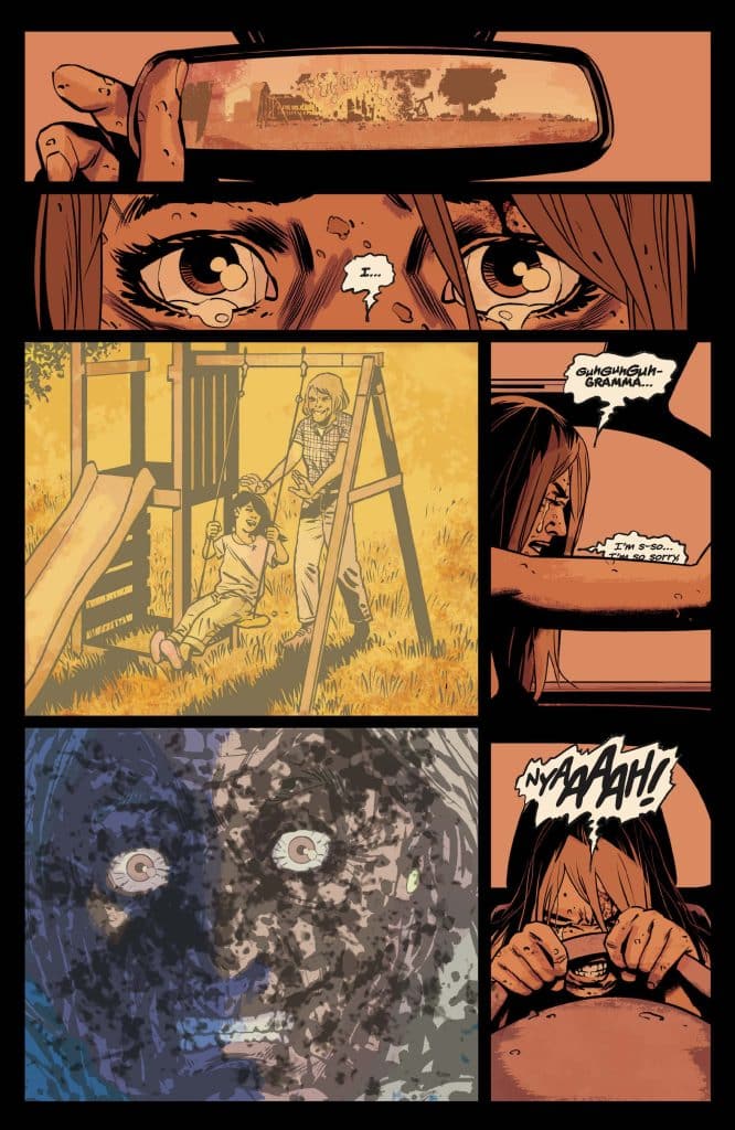 A comic panel featuring a close-up of a distressed woman's eyes seen through a rearview mirror, reflecting a playground in the background.