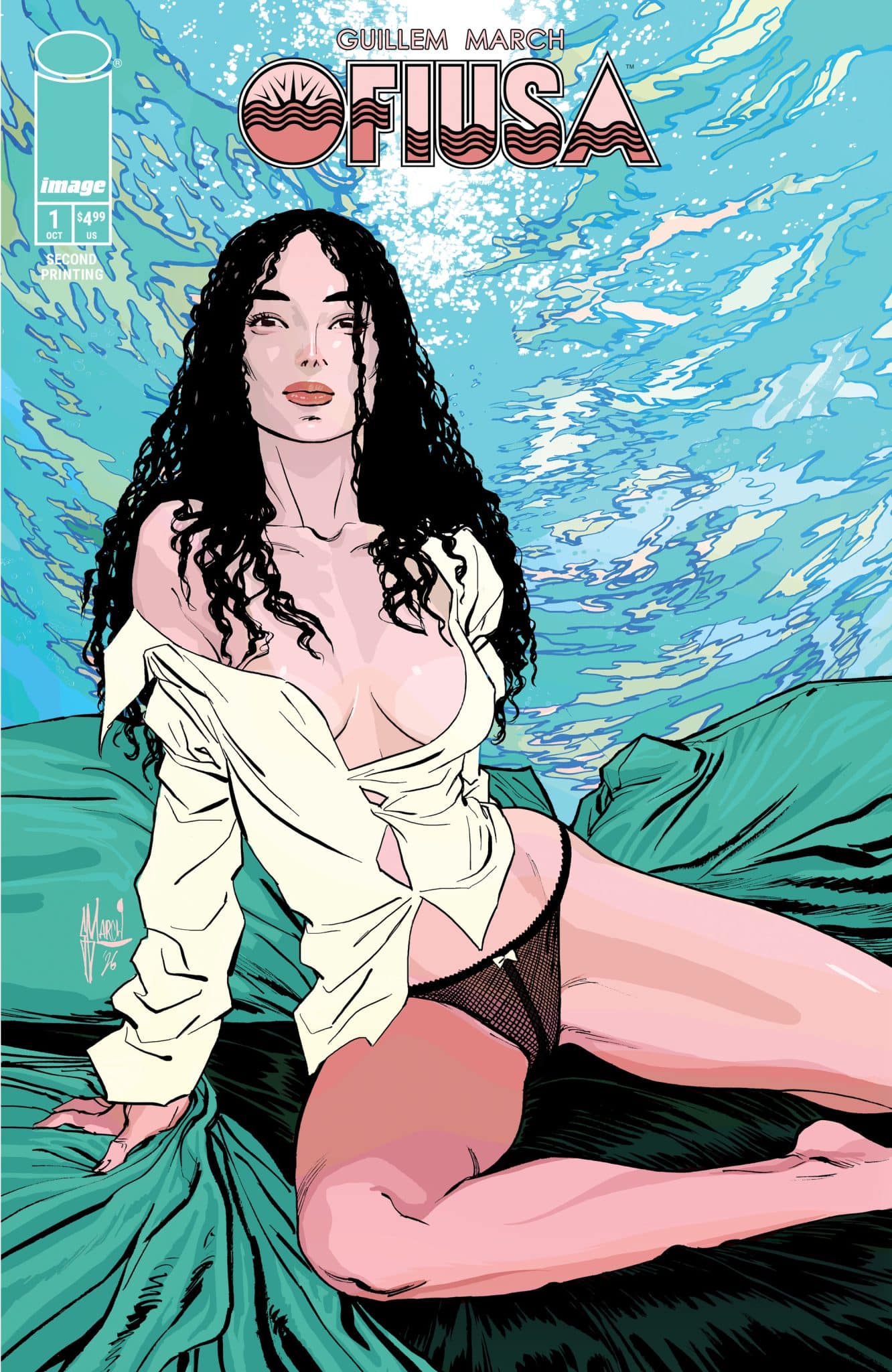 An illustrated comic cover featuring a woman with long, dark hair sitting on green fabric underwater, wearing a partially open white shirt and black lingerie, with vibrant blue waves in the background.