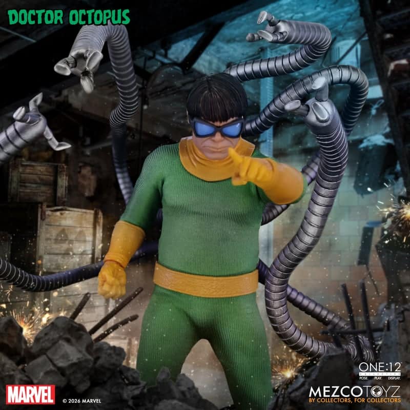 A detailed figure of Doctor Octopus in a green costume with yellow accents, pointing forward. Mechanical tentacles are positioned behind him in a dramatic setting with rubble and debris.