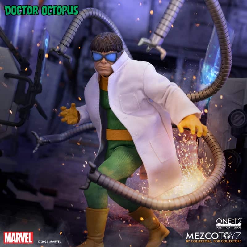 A detailed figure of Doctor Octopus from Marvel, dressed in a lab coat and green costume, with mechanical tentacles extending from his back amidst a dynamic backdrop.