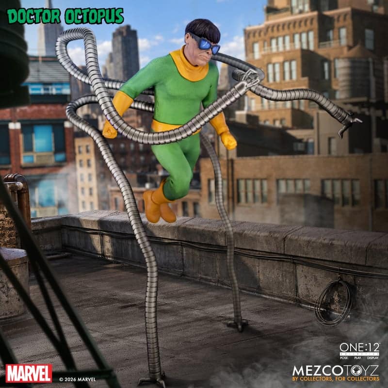 A figurine of Doctor Octopus, featuring a character in a green and yellow suit with mechanical tentacle-like arms, depicted mid-jump on a rooftop in an urban setting.