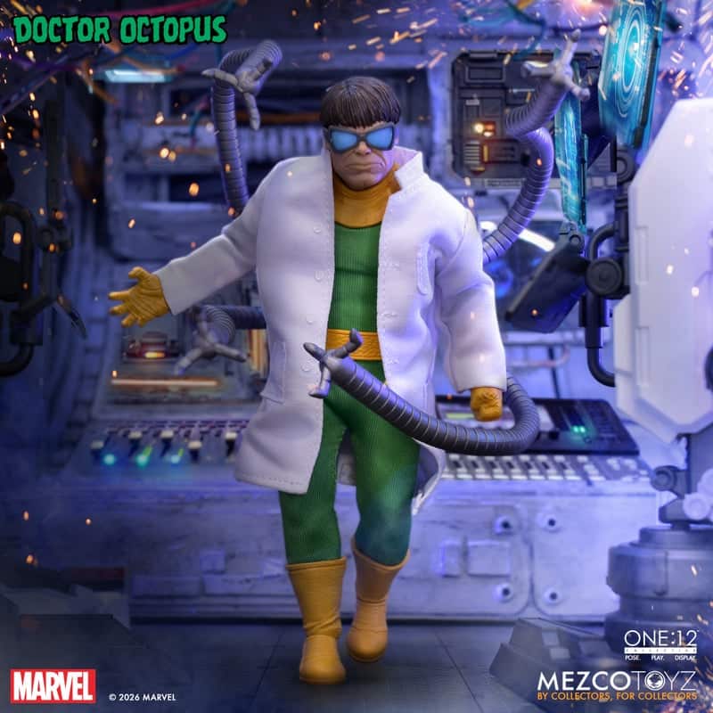 A collectible figure of Doctor Octopus in a lab environment, wearing a white lab coat and sunglasses, with mechanical tentacles and advanced equipment in the background.
