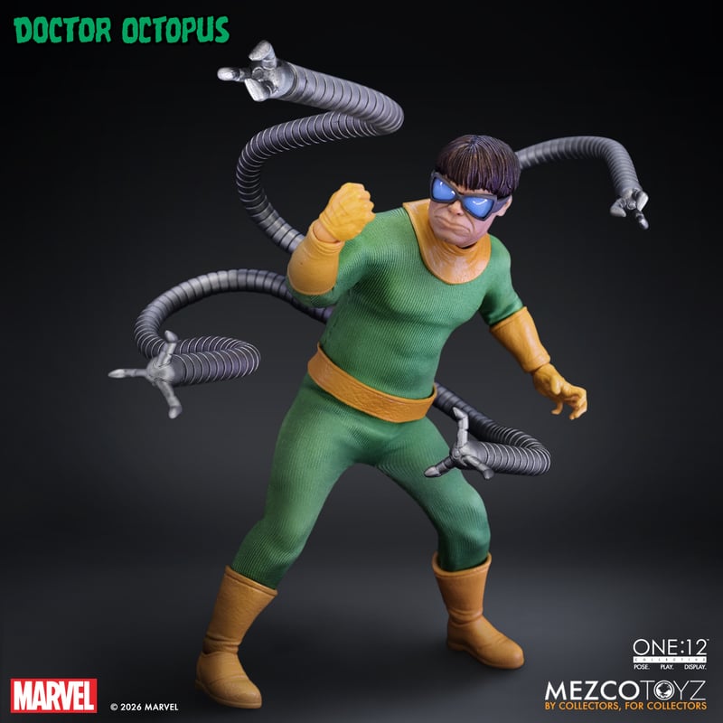 Figure of Doctor Octopus from Marvel, featuring a character in a green and orange costume with mechanical tentacles.