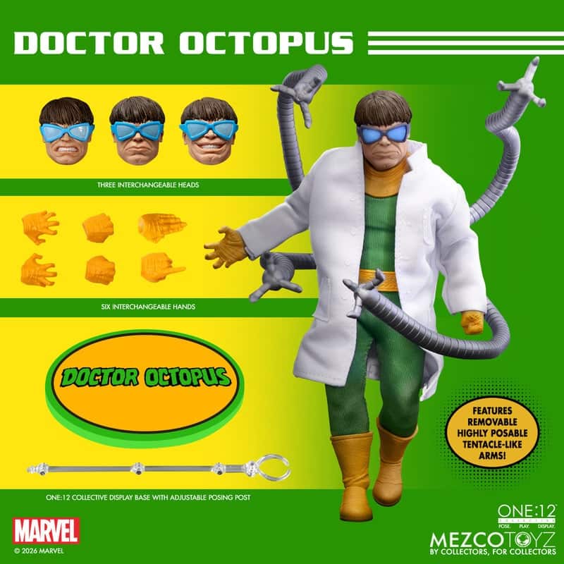 Doctor Octopus action figure showcasing three interchangeable heads, six interchangeable hands, and removable tentacle-like arms, presented in a colorful packaging design.