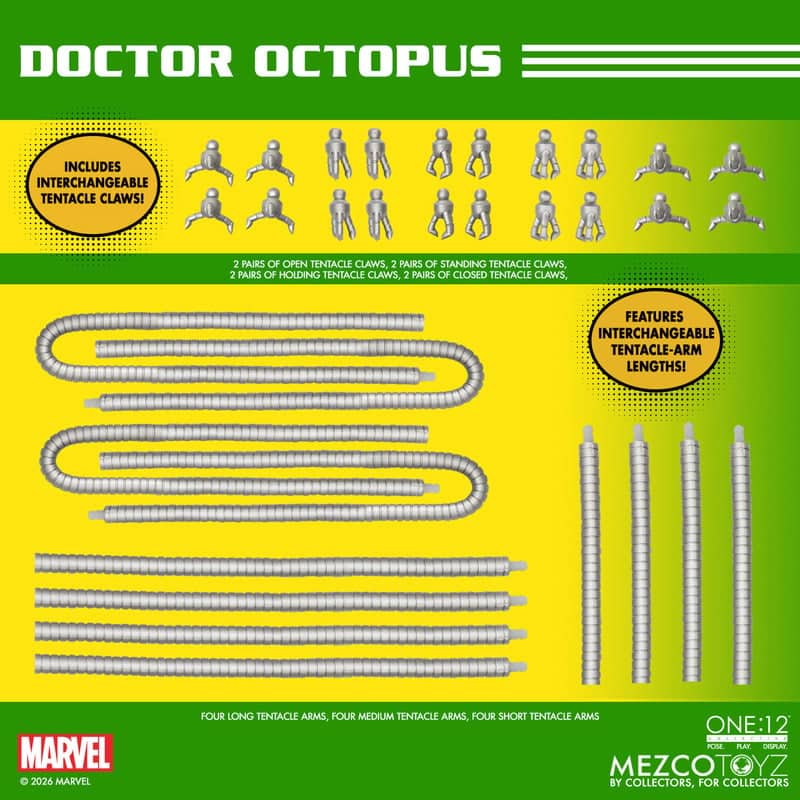 Image of Doctor Octopus figure set, showcasing various interchangeable tentacle arms and claw types including open, closed, and holding claws.