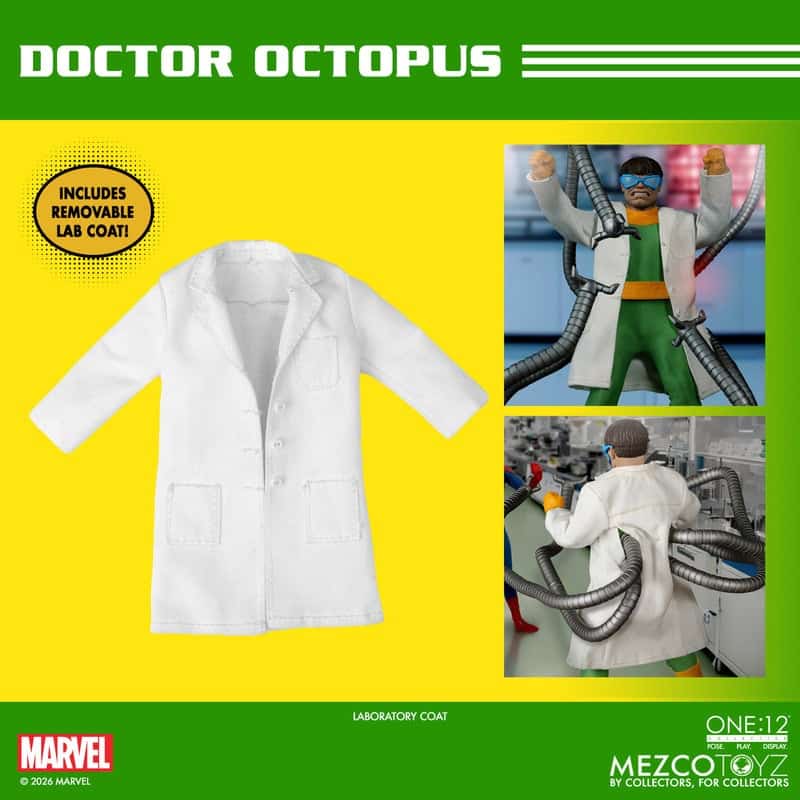 A promotional image for a Doctor Octopus action figure, featuring a removable white lab coat. The image includes illustrations of the figure showcasing its details, set against a bright yellow background.