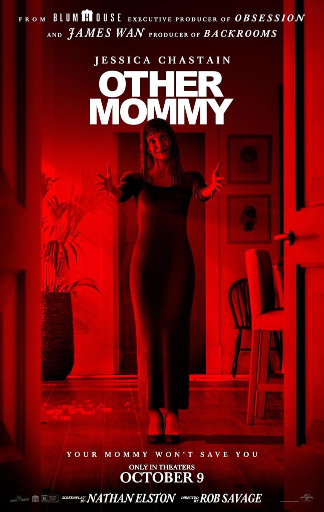 Movie poster for 'Other Mommy' featuring a woman in a dark dress with a menacing expression, set in a dimly lit room with red tones. The poster includes text with the title, release date October 9, and names of key producers and director.