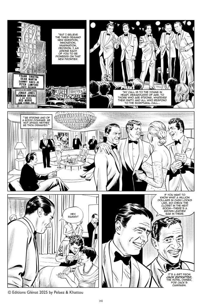 A black and white comic-style illustration depicting a glamorous event. The left panel shows an ornate marquee sign and several well-dressed men speaking, while the right panel features a crowd at a celebration, with a focus on conversation and laughter. The bottom panels show interactions among characters, including a woman being teased and a gift being discussed.