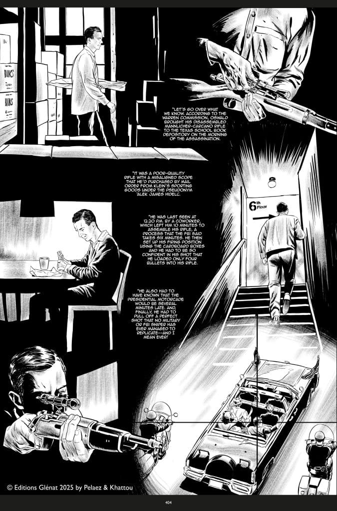 Black and white comic-style illustration depicting a man in a suit examining a rifle, accompanied by a narrative about an assassination and a sniper.