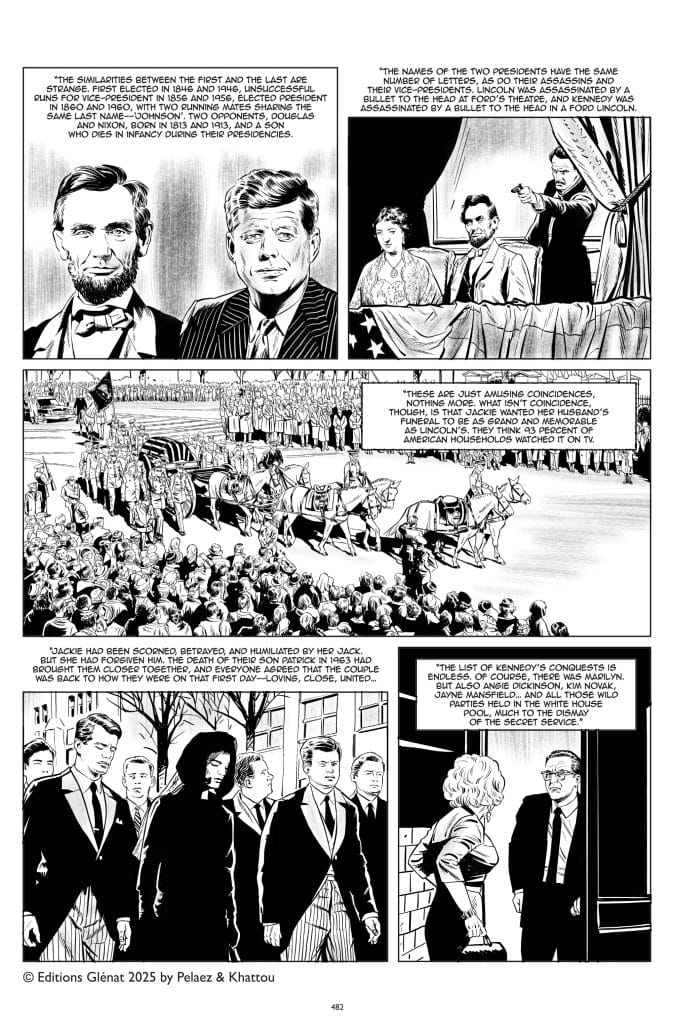 A black and white illustration featuring Abraham Lincoln and John F. Kennedy, highlighting their similarities and historical coincidences.