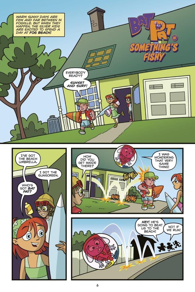 A colorful comic panel featuring three kids and a cartoon character outside a house, preparing for a beach day. One child holds a surfboard, while another carries beach gear. Dialogue bubbles indicate excitement and a humorous interaction with the character.