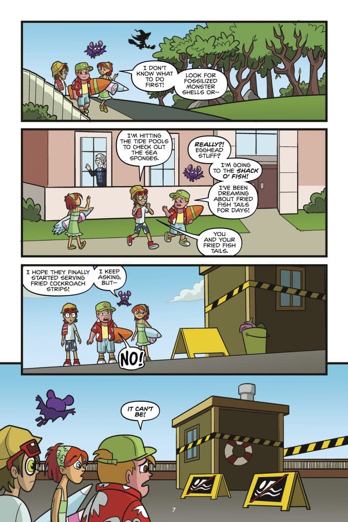A colorful comic scene featuring four kids discussing their activities at a beach, with one child expressing excitement about fried fish tails while another mentions exploring tide pools. They are depicted with playful expressions and colorful clothing, with background elements like trees and a shack in view.