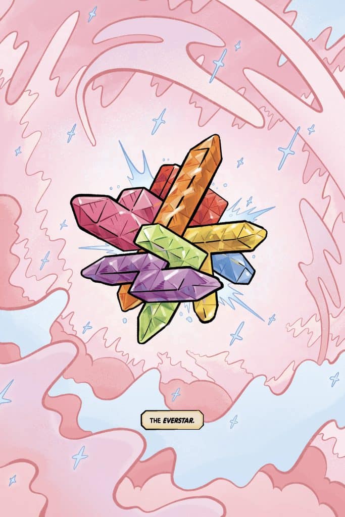 A cluster of colorful crystals in various shapes and sizes, set against a swirling pink background with stars, labeled 'THE EVERSTAR'.