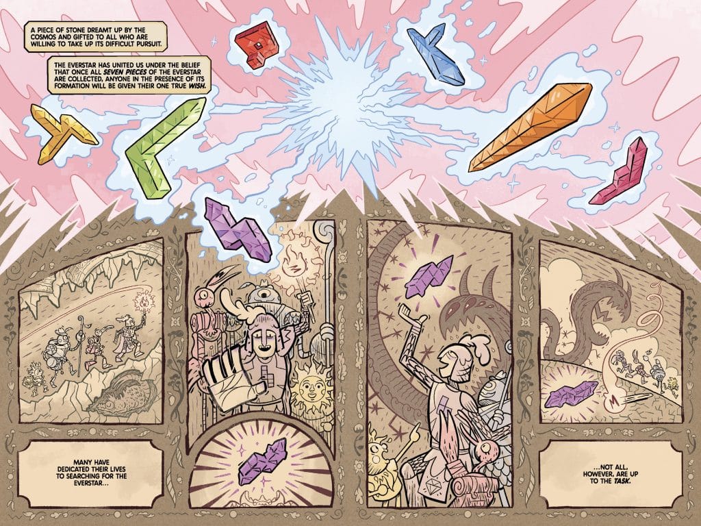 A comic-style illustration depicting the quest for the Everstar, featuring colorful stones with magical properties, various characters engaged in the pursuit, and a whimsical background. The panels highlight the dedication of adventurers as well as the challenges they face in their search.