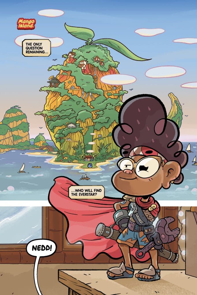 A cartoon character wearing a cape stands confidently in front of a scenic island landscape with houses on a hill. The character is holding a gadget and looking excited, with speech bubbles indicating a quest for the Everstar.