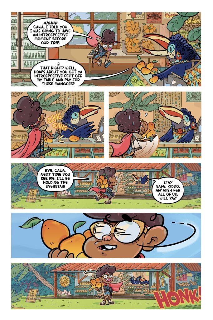A comic strip featuring a young character with curly hair in a fruit market. They are interacting with a colorful toucan while discussing introspective moments and paying for mangoes. The setting includes various fruit stands and a welcoming atmosphere, emphasizing friendship and adventure.
