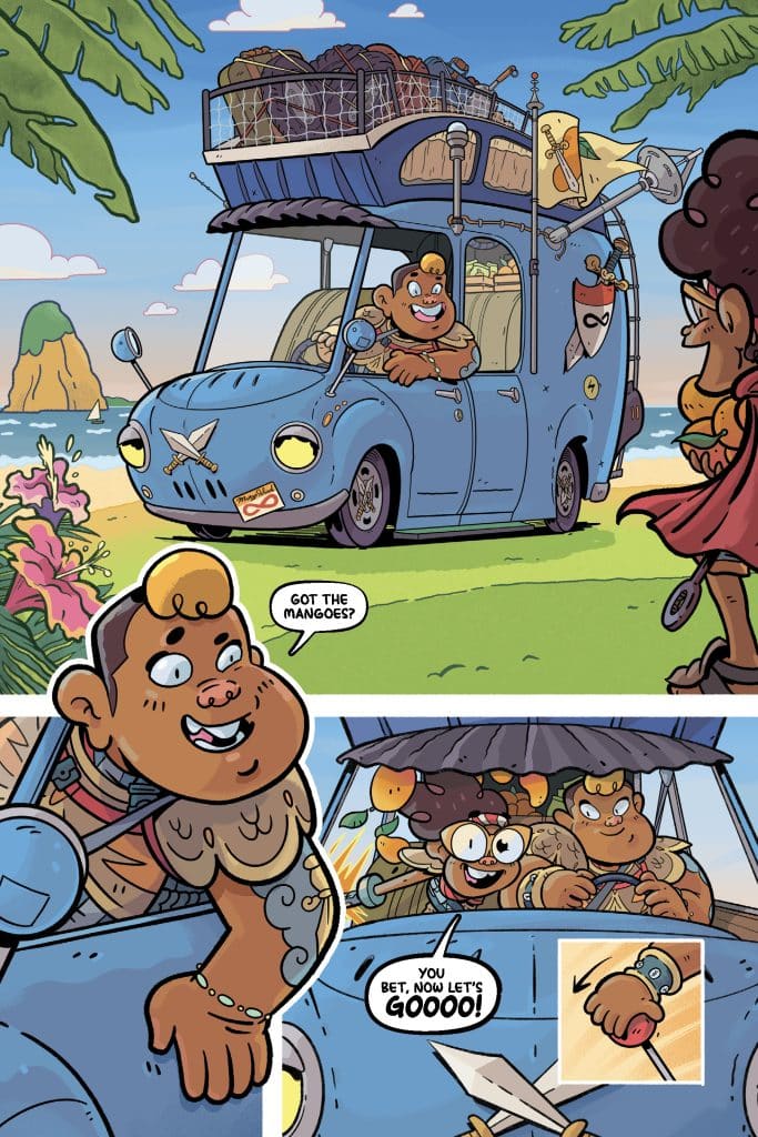 A cheerful character with a muscular build drives a blue van with cargo on top, alongside a friend with glasses. They are at a beach with palm trees and mountains in the background. The driver asks if they have mangoes, while the friend excitedly responds to go.