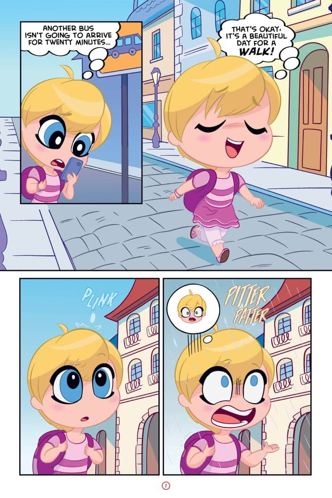 A cheerful cartoon character with short blonde hair checks her phone at a bus stop, expressing disappointment about a delayed bus. She decides to walk instead, enjoying a beautiful day. Later, she notices rain beginning to fall.
