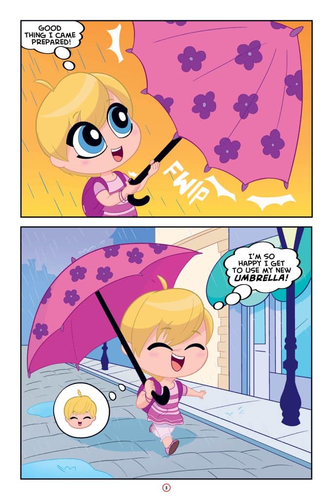 A cheerful cartoon child with blonde hair holds a pink umbrella decorated with flowers, smiling happily while walking on a rainy street. Speech bubbles express excitement about using the new umbrella.
