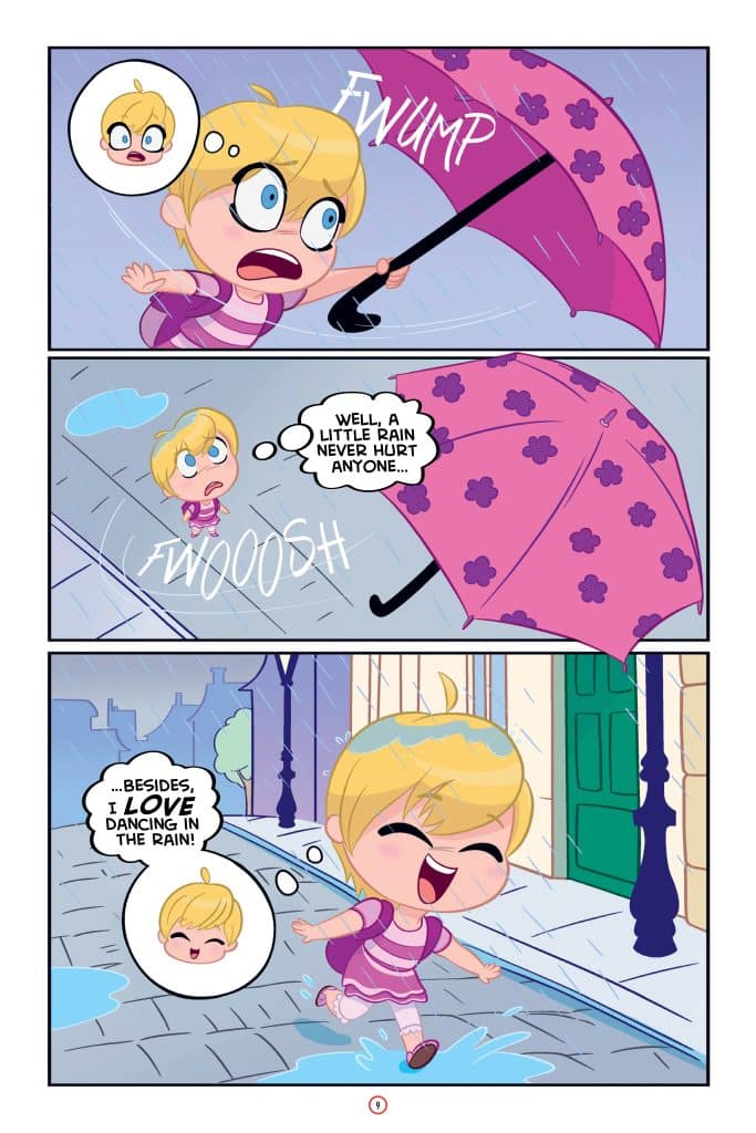 A cheerful cartoon girl with blonde hair and a pink outfit holding a purple umbrella, playfully dancing in the rain on a city street. Speech bubbles express her positive thoughts about rain.