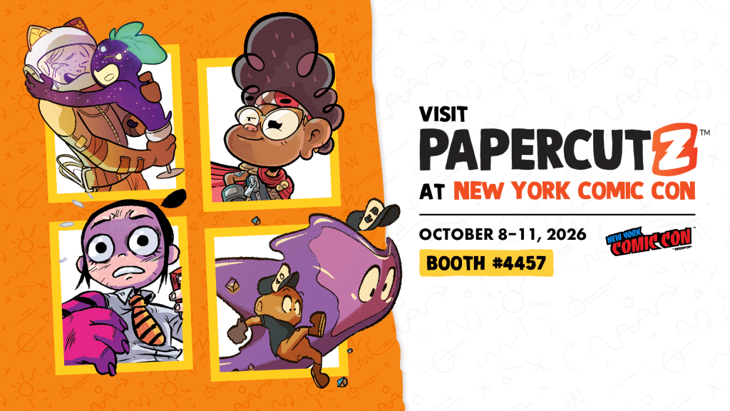 Promotional graphic for Papercutz at New York Comic Con featuring colorful cartoon characters and event details.