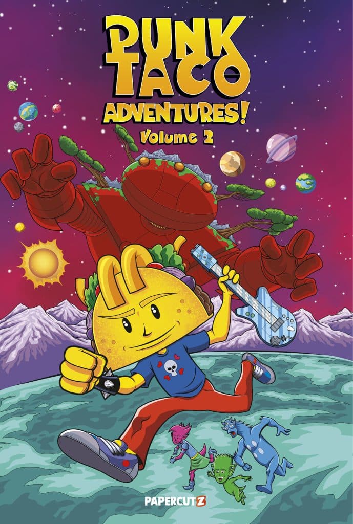 Cover of 'Punk Taco Adventures! Volume 2' featuring a cartoon taco character with a guitar, surrounded by colorful alien characters and a vibrant space background.