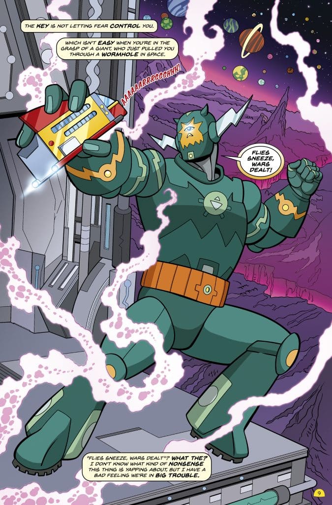 A green robot character in an action pose, holding a small device while floating in space with colorful planets in the background. The scene includes comic-style text bubbles expressing emotions and dialogue.